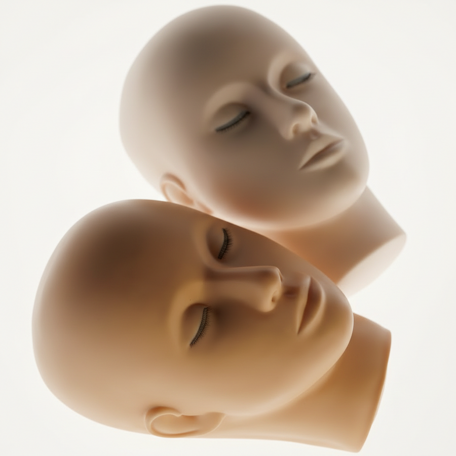 Two mannequin heads on a bright background